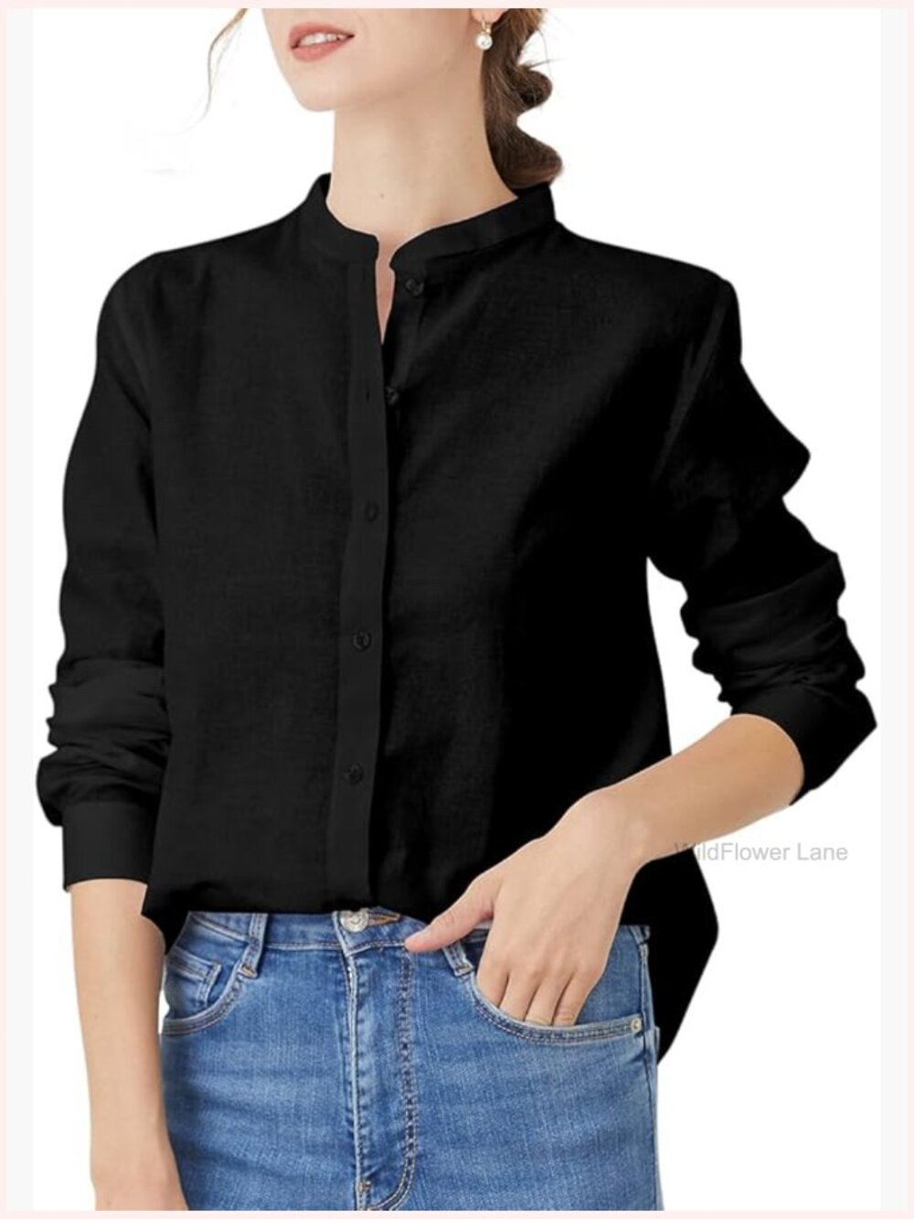 Mandarin Collar Button-Down Shirt Long Sleeve Blouse Cotton Casual